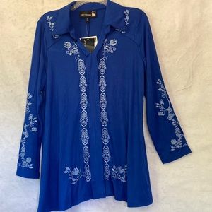 Antthony Original Royal Blue Boho Tunic Top NWT White Embroidered Floral V-Neck